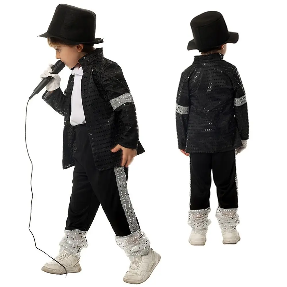 

Модный карнавальный костюм Билли Джин для вечеринок, одежда для ролевых игр, черный костюм для выступлений, танцевальный костюм МДж для мальчиков и девочек