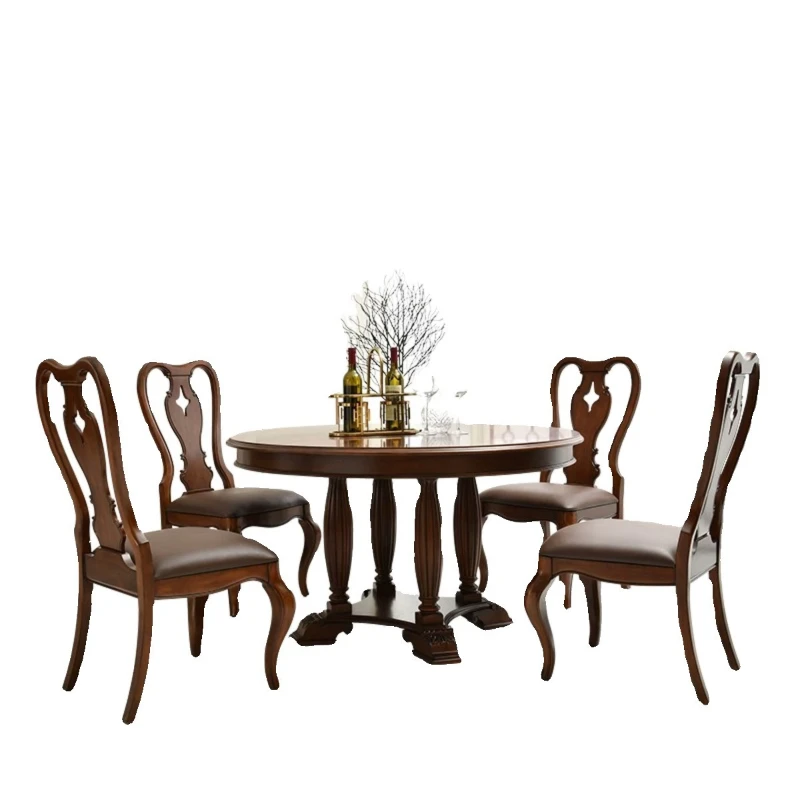 

French rural retro old solid wood round dining table combination small apartment Nordic simple cherry wood living room