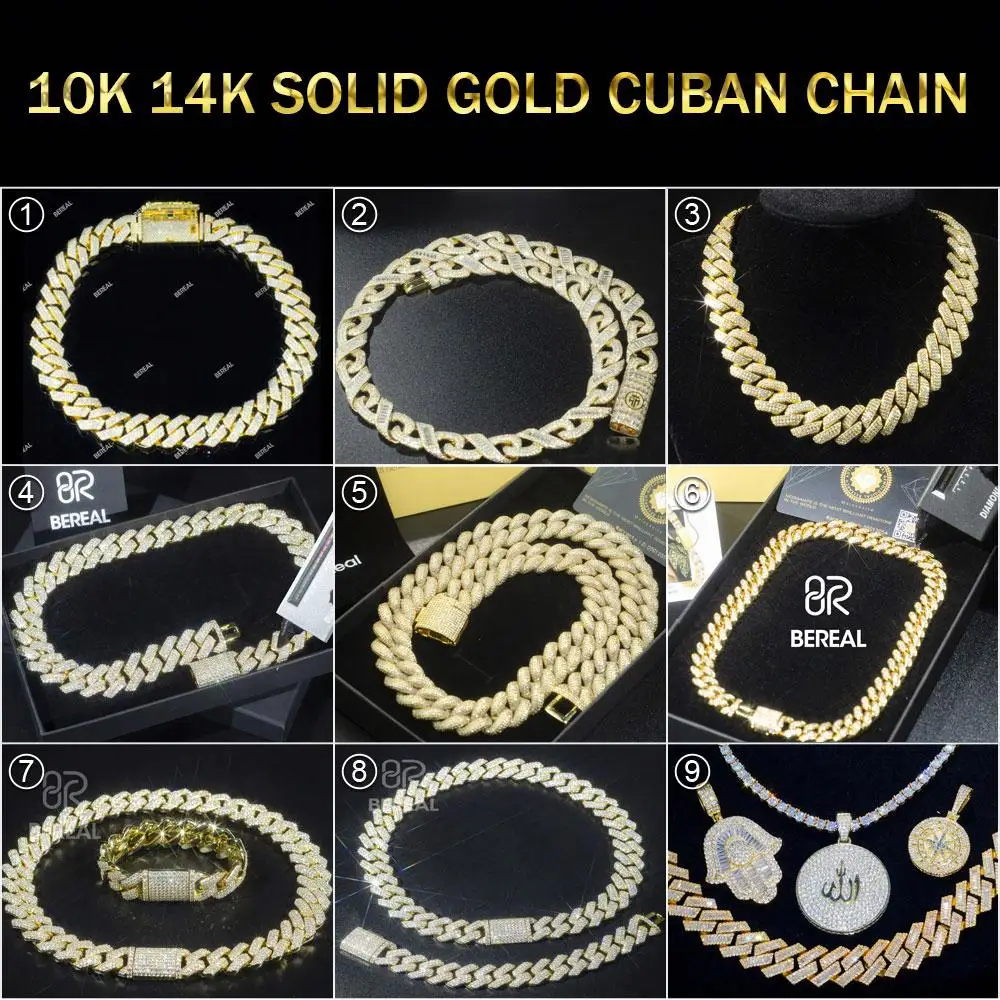 20MM Moissanite Cuban Link Chain Hot Selling Iced Out Round Brilliant Cut 10k 14k Solid Gold Miami Cuban Chain，