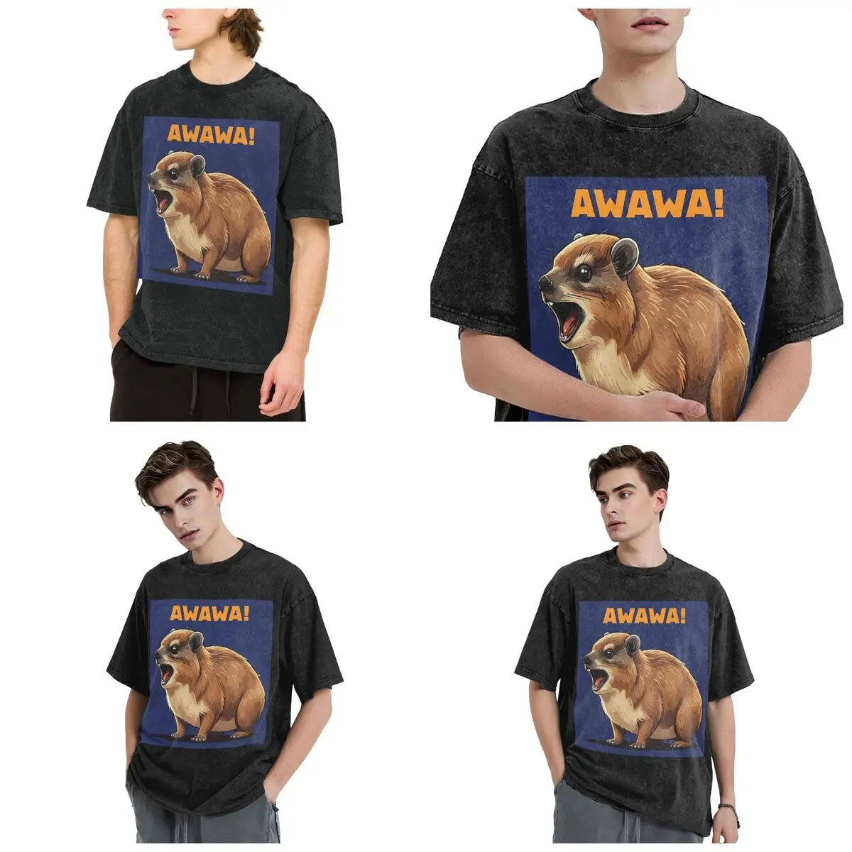 Rock Hyrax Lover Awawa Groundhog Dassi Hip Hop Short Sleeve T-Shirts Washed Tops Tees Streetwear T Shirt Printed for Men Women