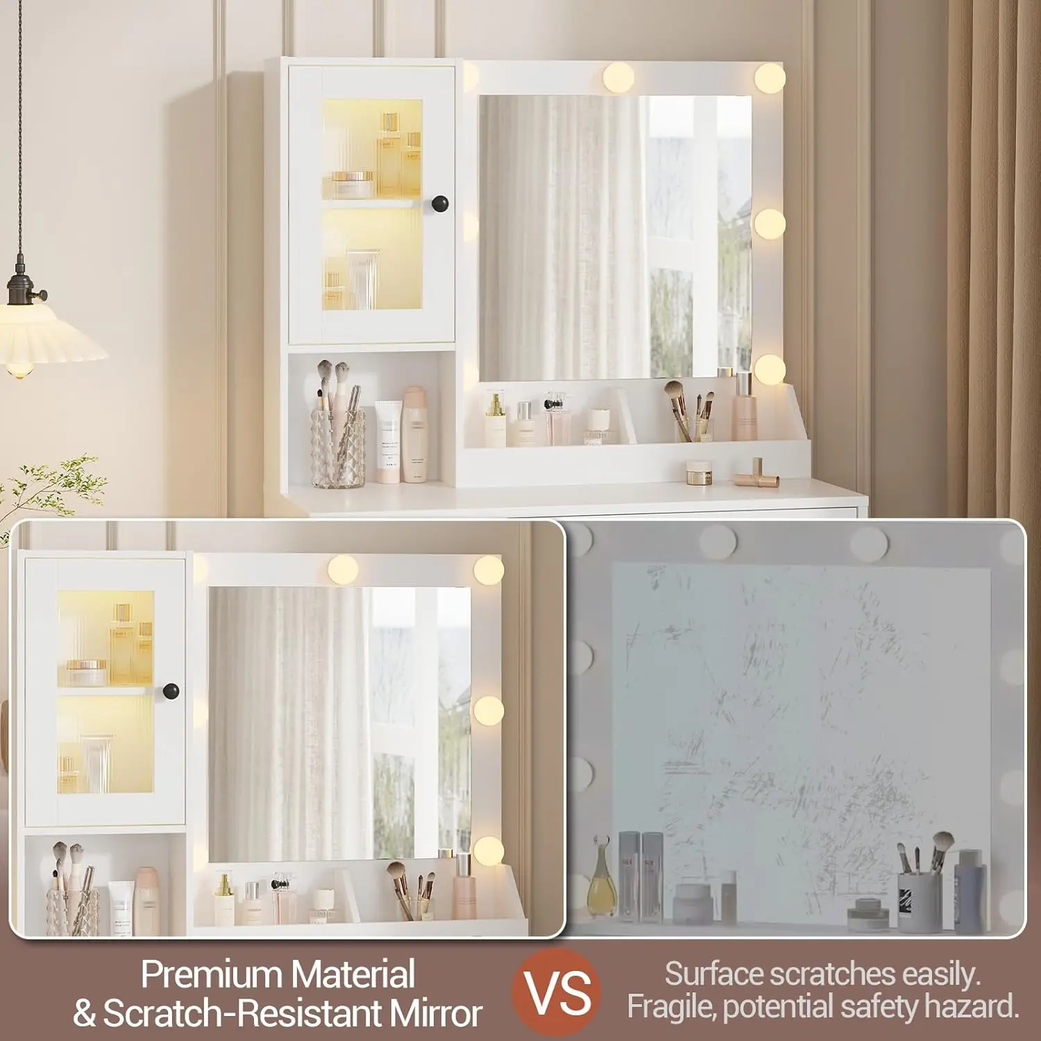 مكتب مكياج مع أضواء ومرآة - طاولة تزيين مع لمبات LED قابلة للتعديل ومنافذ USB ومنافذ تيار متردد وأدراج وخزانة