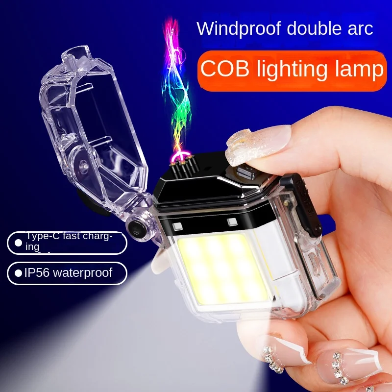 Double Arc Windproof and Waterproof Outdoor Gadget, Transparent Body Pulse, Cool Lighting, Type-C, Fast Charging, Men's Gadget