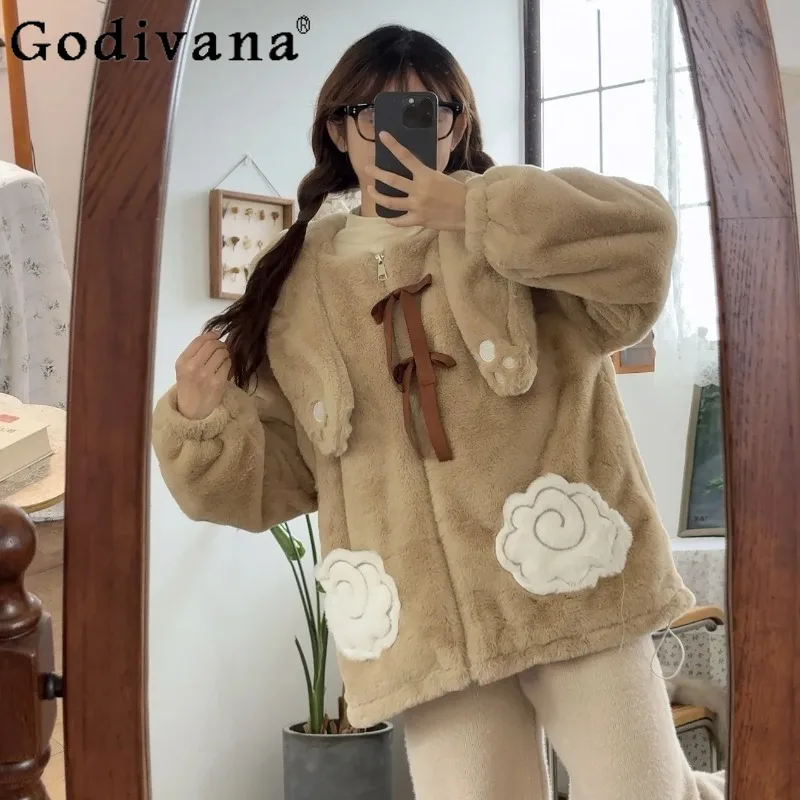 

Original Bear Autumn Winter Coat for Ladies Japanese Style Cute Soft Girl Plush Bear Jacket Women's Long Sleeve Warm Lolita Coat