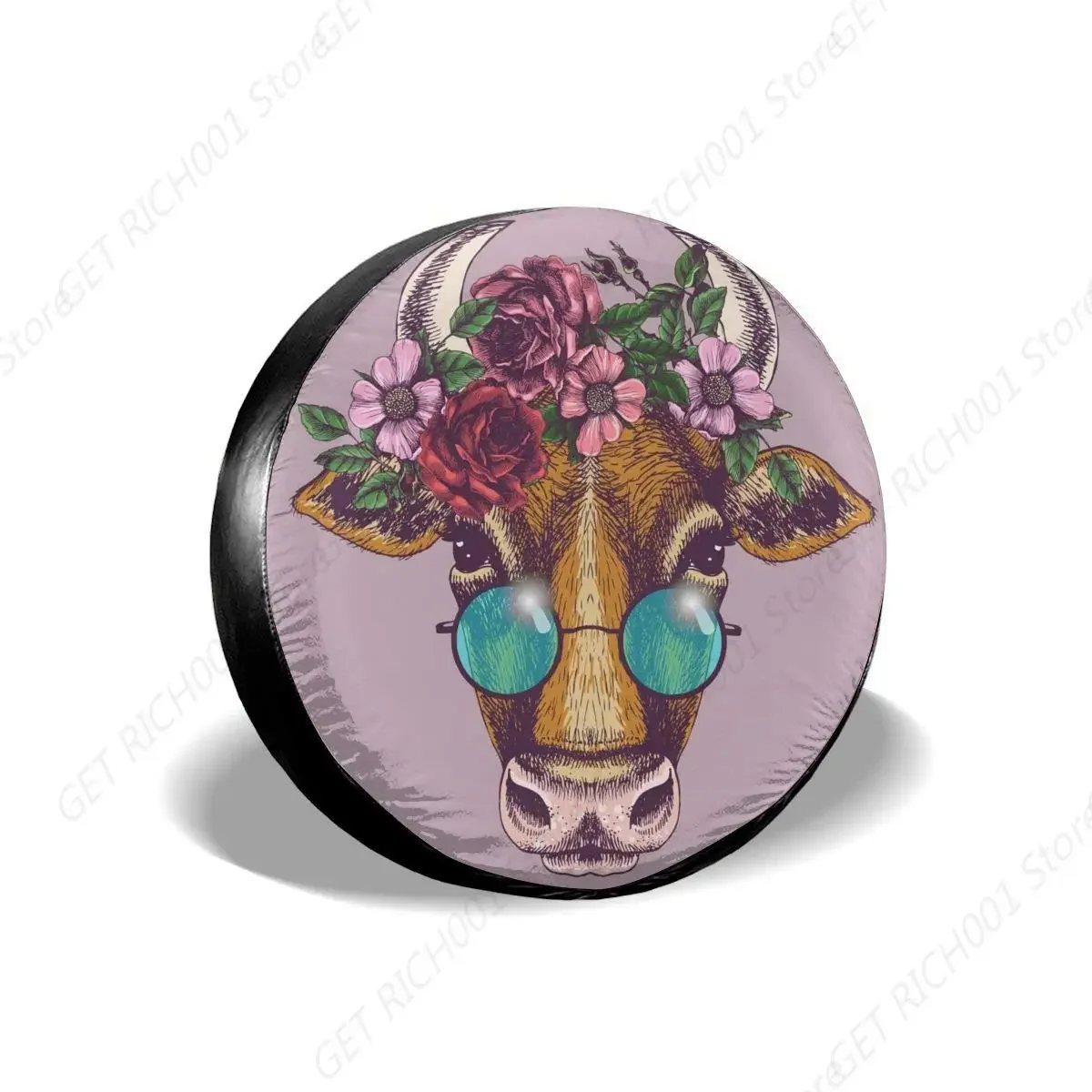 

Tire Cover Bohemian Farm Animal Cow Face with Floral Wreath Flower Round Sunglasses Waterproof Wheel Covers for Truck Car