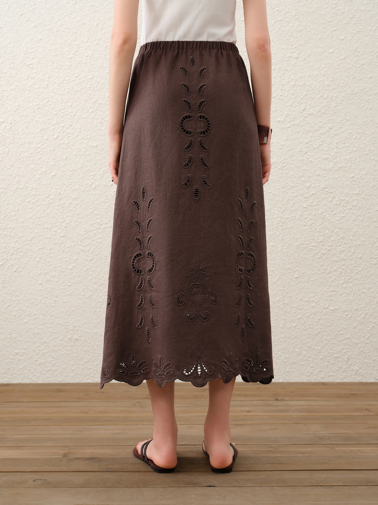 FSLE【Premium Series】Summer Women Linen Two Piece Set Cut-Out Embroidered Sleeveless Top Midi Skirt Boho Beach Vacation Style