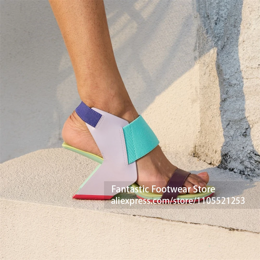 Metallic Geometric Asymmetrical Heel Sandal Glossy Mirror Finish Heel Ankle Strap Sandals Avant Garde Futuristic Fashion Sandals