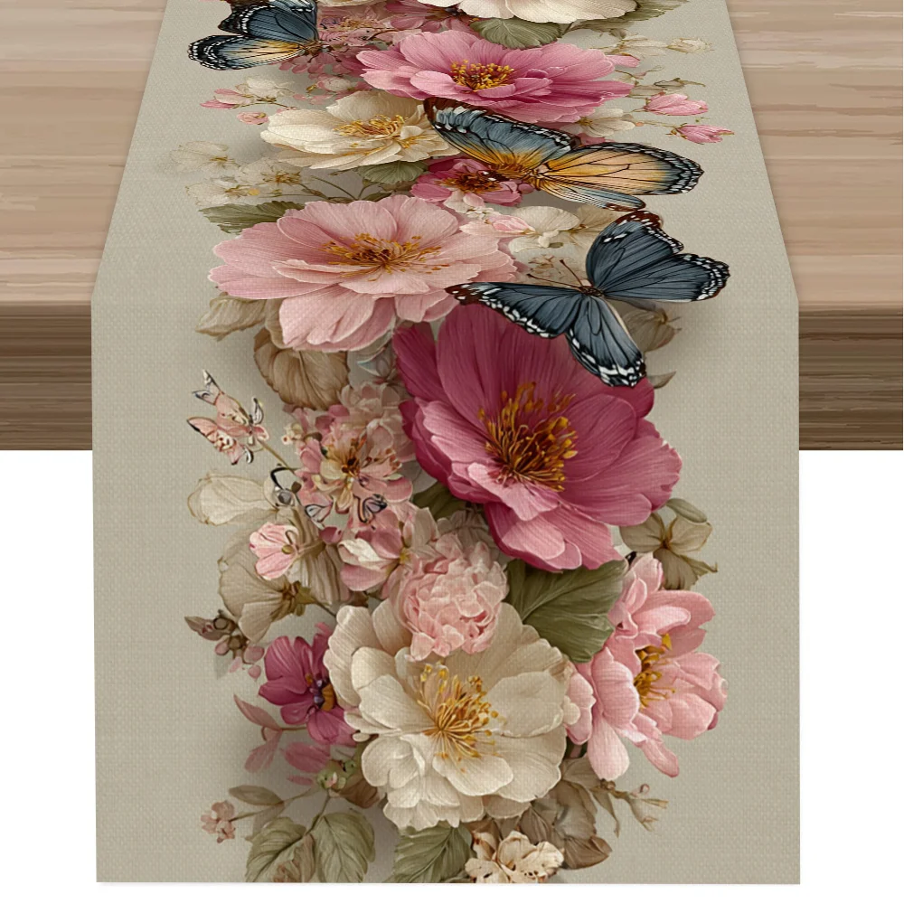 1pc Vintage Floral and Bird Print Table Runner | Soft Natural Tone, Suitable for All Seasons, Ideal for Dining Table Decor