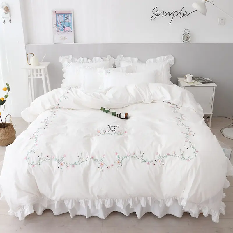 Minimalist Style Bedroom Secondary Bedroom Lotus Leaf Edge White Four Piece Bed Skirt Pure Cotton Duvet Cover Bedding