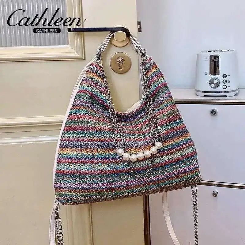 Versatile Bag Casual Bag One Shoulder Grass Weaving Lightweight And Fashionable Large Capacity Contrast Color Straw Braid Bag