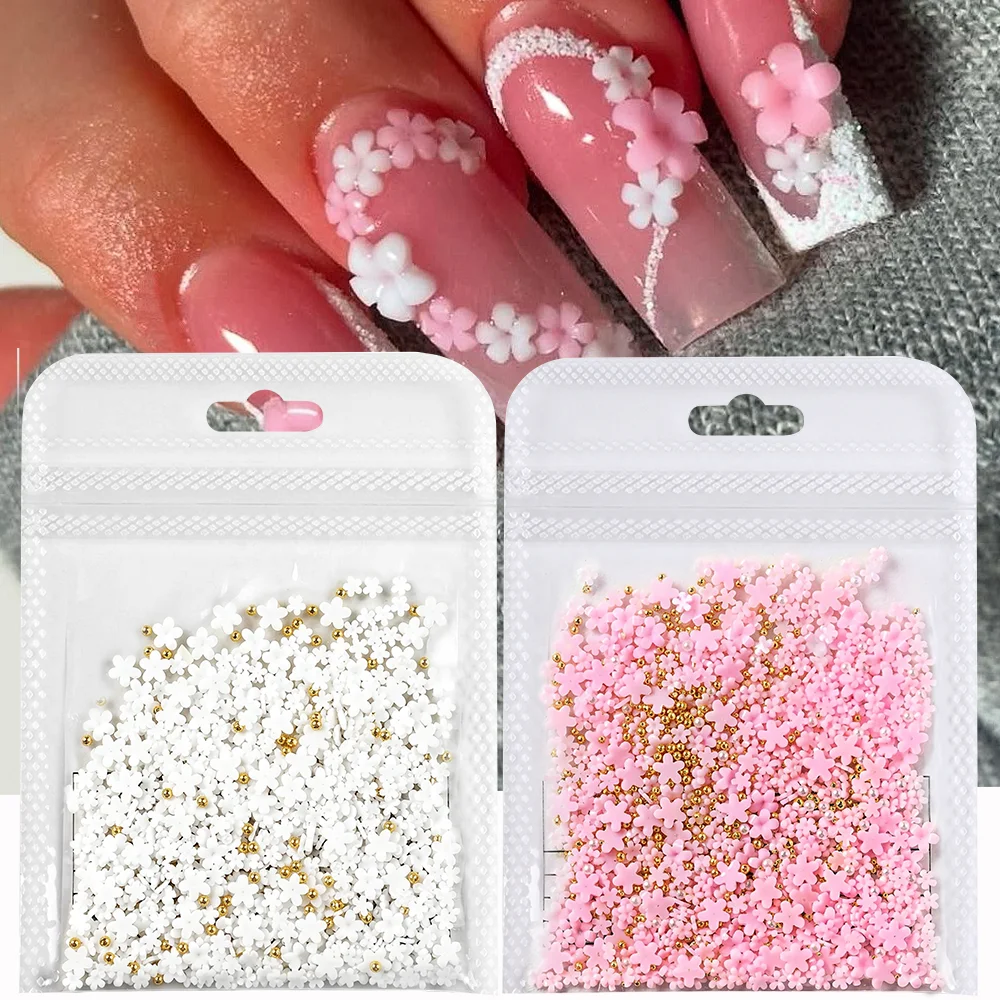 200Pcs/Bag 3D Pink White Acrylic Flower Nail Charms with Gold Caviar Beads Nails  Art Decorations Five-Petals Manicure Accessory
