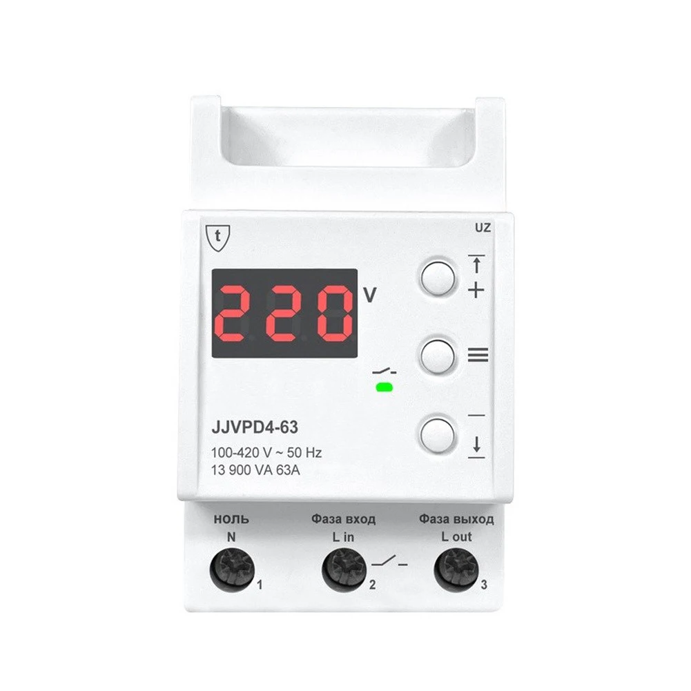 Single Display Voltage Protector 230V 63A Adjustable OverUnder Voltage Regulator Overheat Protection & Zero-Crossing Switching