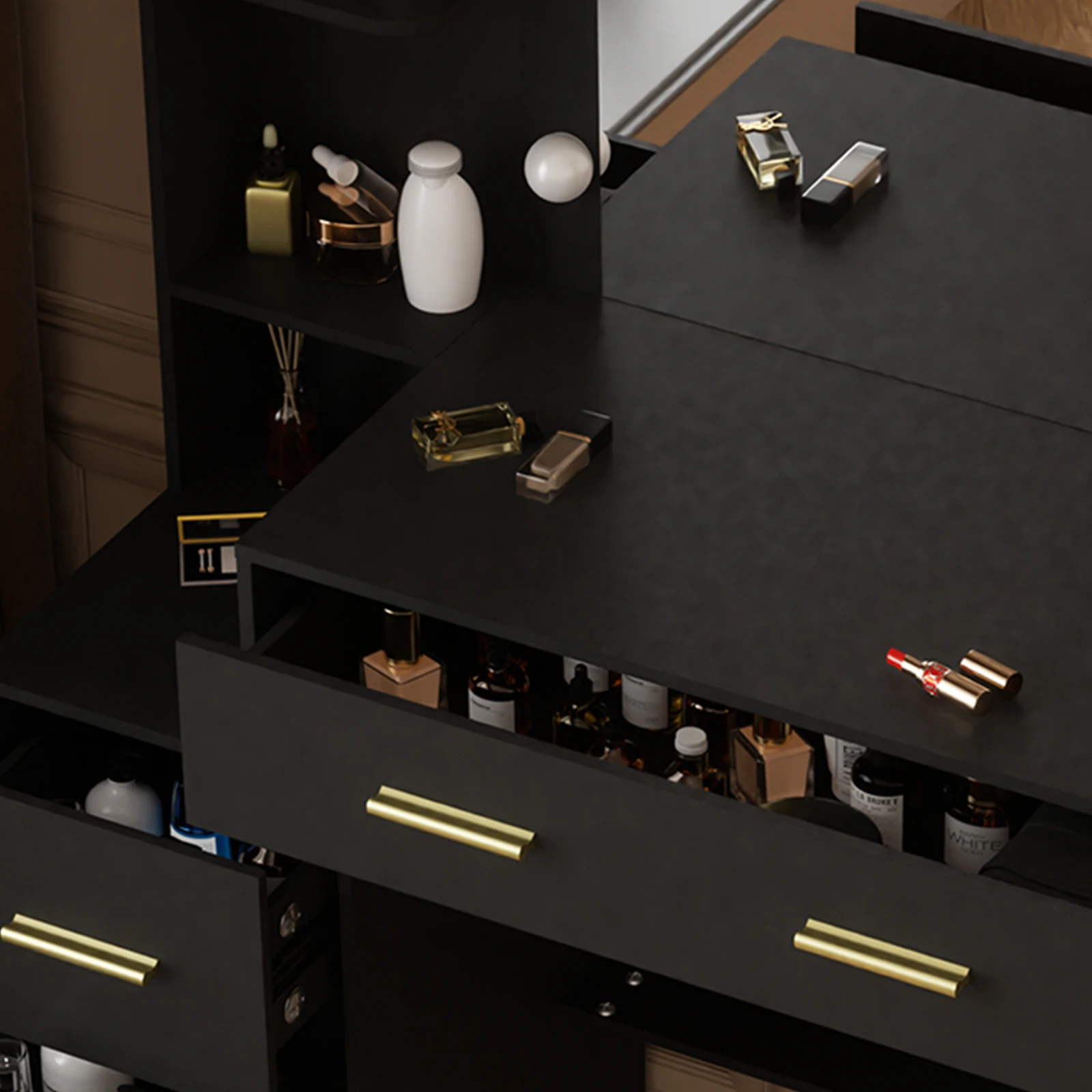 黒の7段引き出し付き化粧台セット(鏡付き)、寝室用モダンメイ - Office Furniture Reborn のレビューと価格