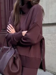 Solid Patchwork Long Sleeve Fashion Outfit, Spring Autumn Women Wide Leg Pants Simple Suits, Half High Collar Chic Ladies Sets