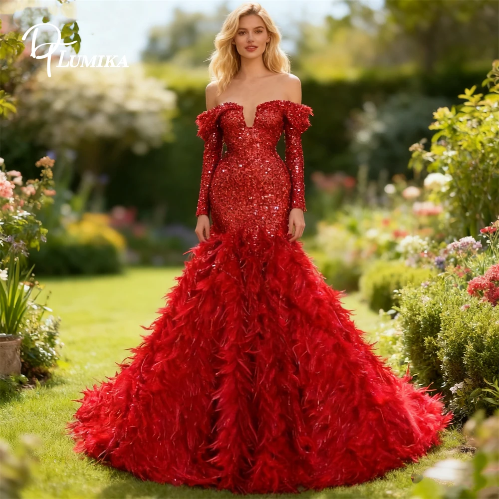 

DTLumika Women Red Formal Dress Off Shoulder Full Sleeves Sequined Mermaid Prom Dresses, Actual Phoyo High End Party Gown