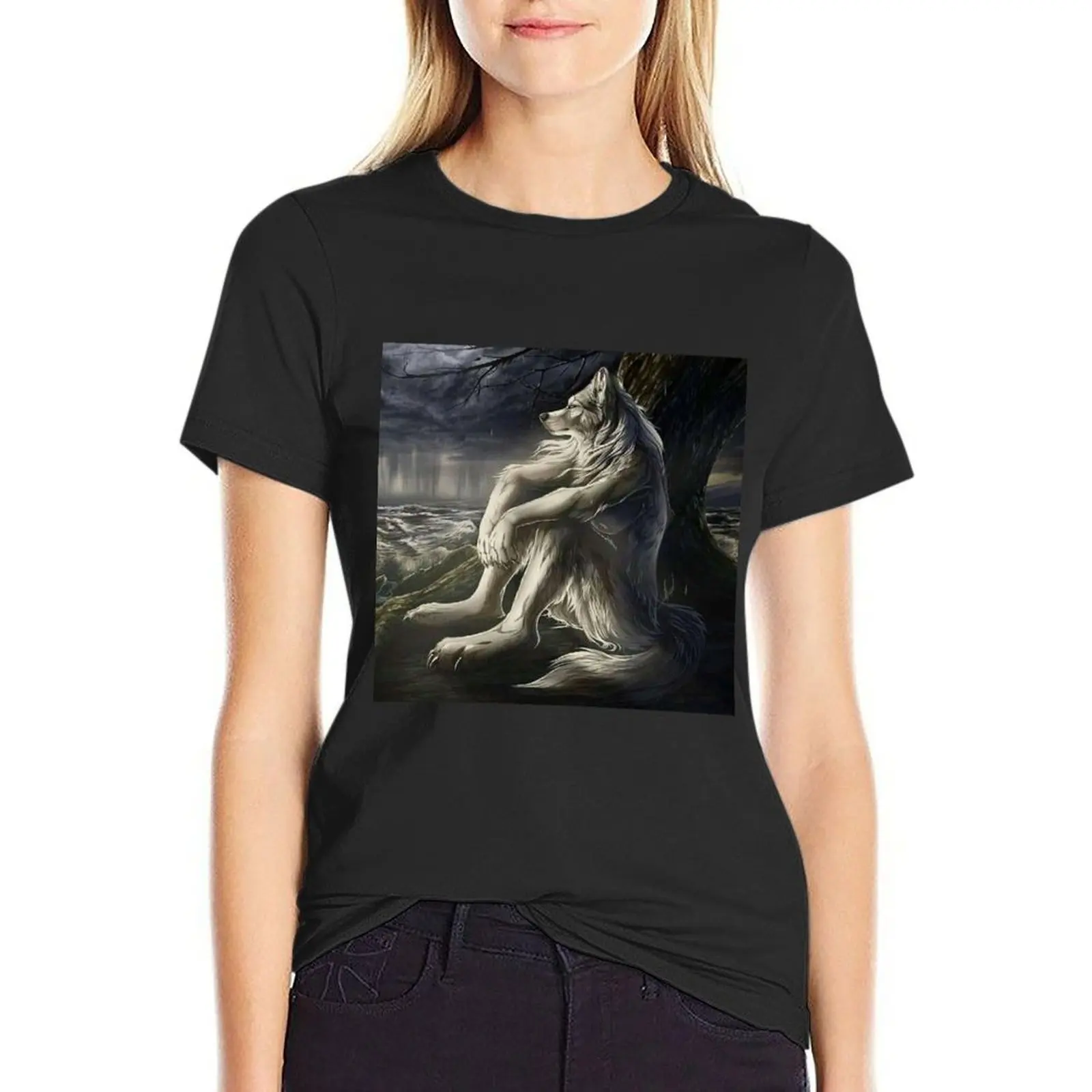 

emo wolf sitting T-Shirt sweat anime t shirt dress Women