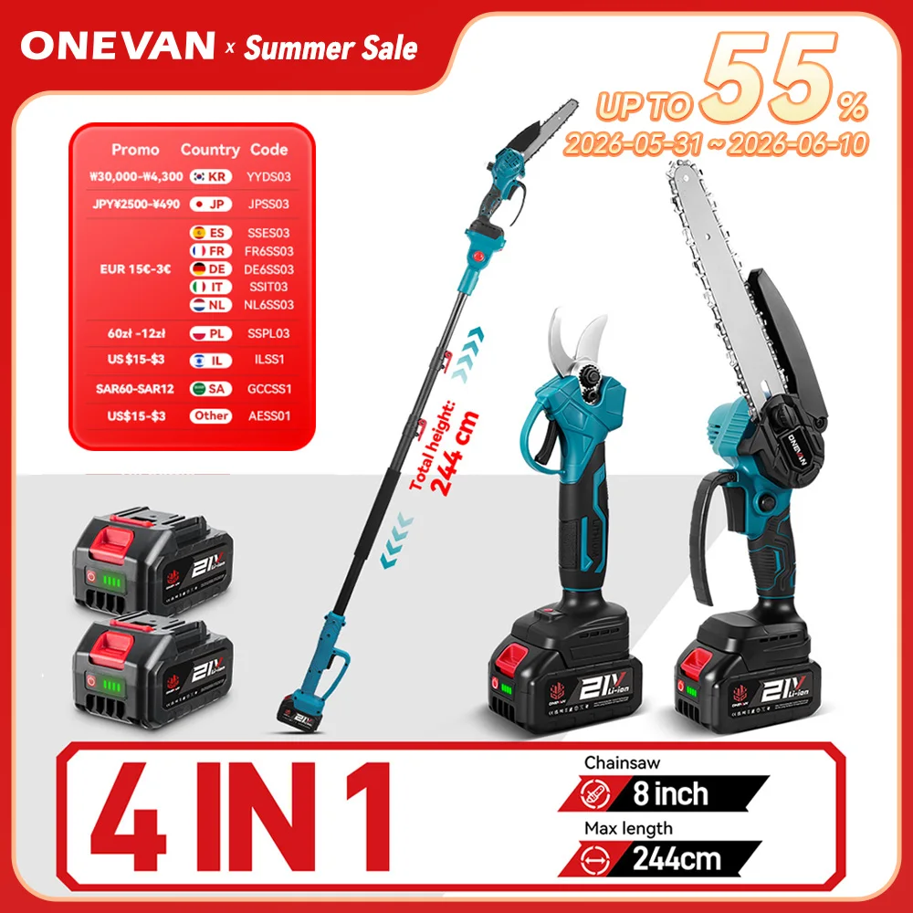 Cisaille électrique télescopique sans fil ONEVAN 4 en 1, outil de taille pour branches hautes, compatible avec batterie Makita 18V.