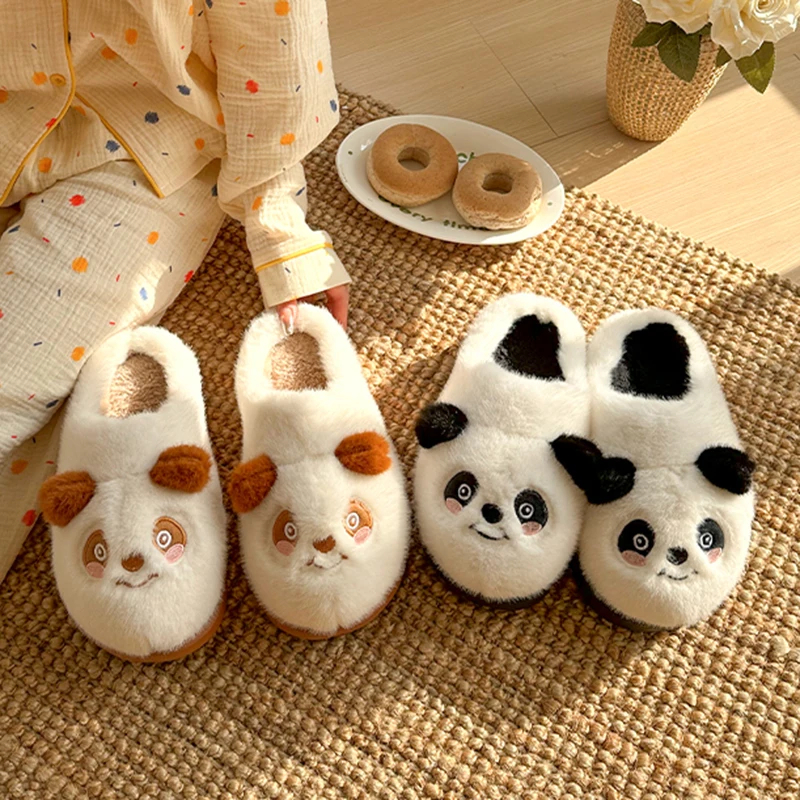 Cute Cartoon Panda Slippers Women 2024 Winter Warm Plush House Slippers Woman Comfortable Soft Sole Non Slip Indoor Home Slides