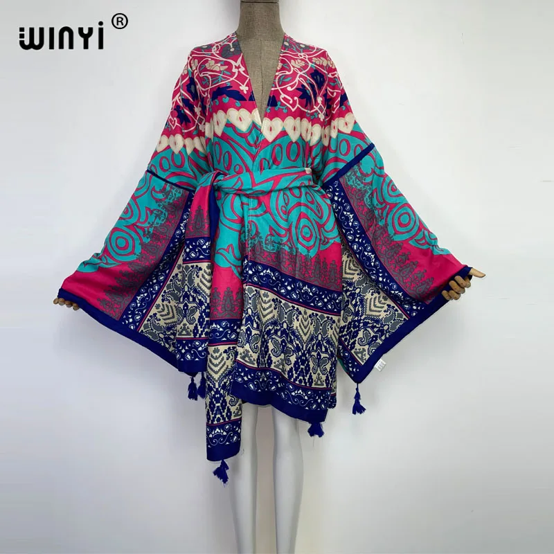 WINYI 2022 ameryka lato kobiety Cardigan stitch szata koktajl sexy Boho Maxi afryki wakacje rękaw w kształcie skrzydła nietoperza jedwabny szlafrok