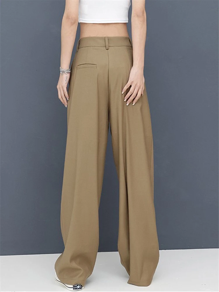 2024 Fashion Vintage Women Wide Leg Khaki Straight Solid Long Trousers Baggy Suit Pants Office Lady Daily Design Cozy All-Match