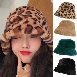 Lamb Wool Plush Bucket Hats For Women Thick Buckets Caps Panama Cow Leopard Fisherman Hat Lady Girls Outdoor Street Winter Hats