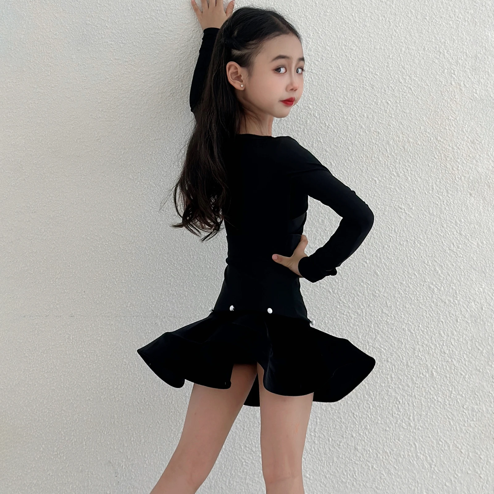 Novos trajes de meninas dança latina manga longa com decote em v divisão terno saia superior chacha samba dança prática desempenho vestindo dql12119