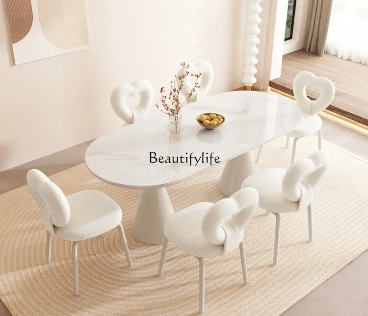 

Cream Style Stone Plate Dining Table and Chair Modern Simple and Light Luxury French Style