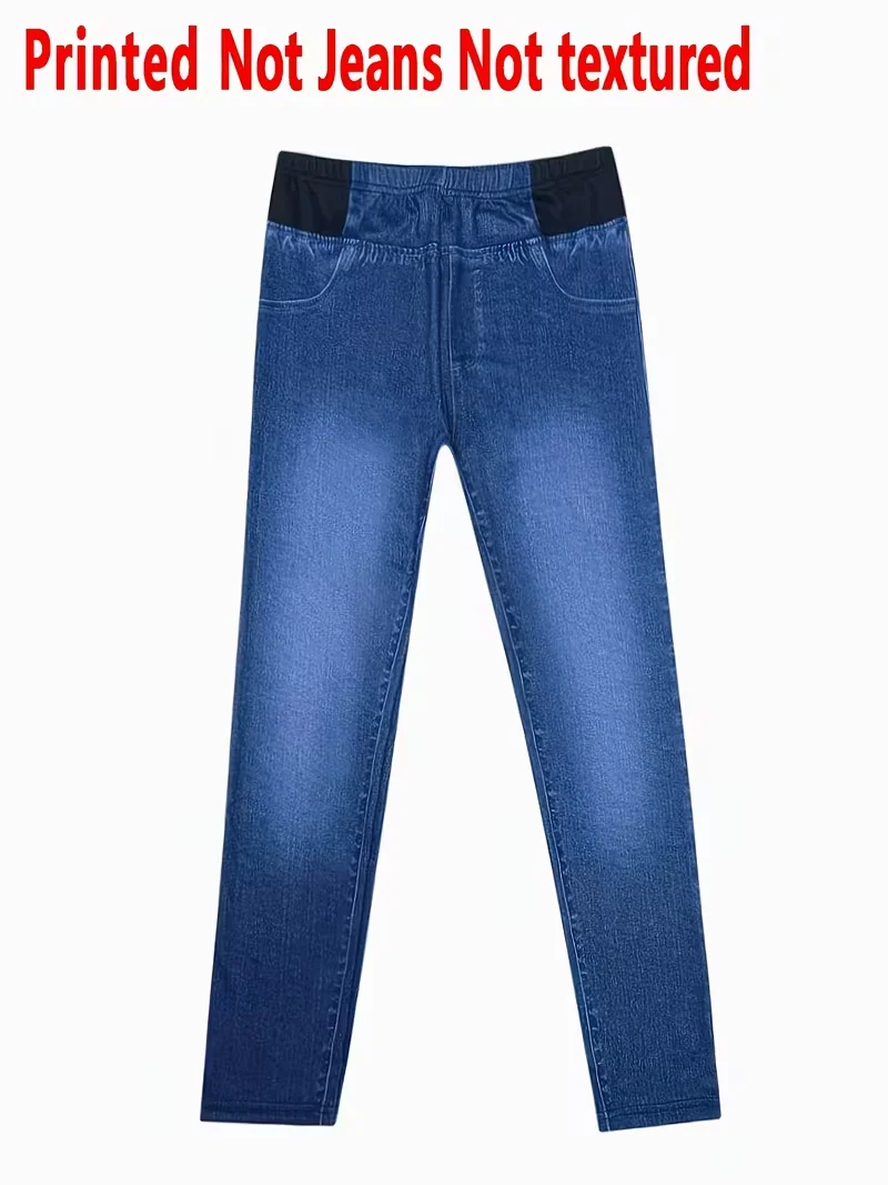 Damen-Jeggings mit elastischem Bund, bedrucktem Kunstdenim, Stretch-Skinny-Leggings mit Taschen – Detail 4