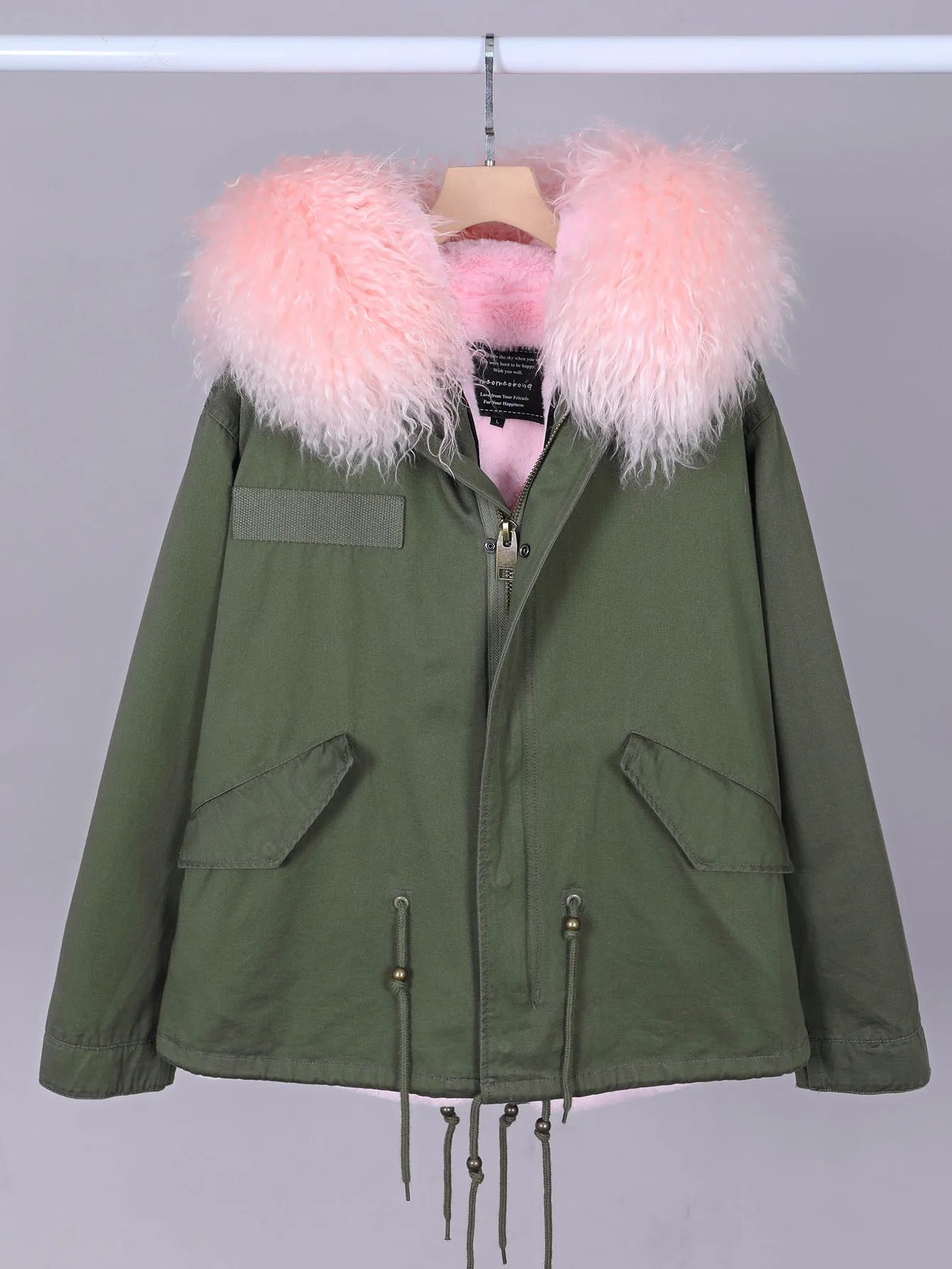 2025 MAOMAOKONG Women's Winter Parka Jacket with Natural Real Wool Fur Pink Collar Removable plush lining Coat Women's Outerwear