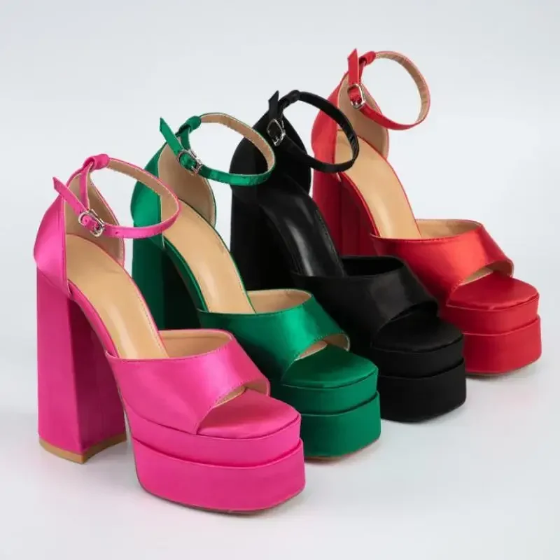 Luxury Woman Sandal Korean Style Fashion Sexy Buckle Strap 15CM Square Heel Square Toe Solid Platform Summer Women Shoes New