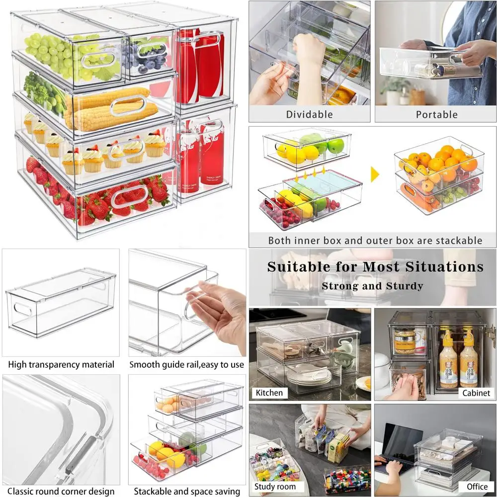 Collapsible Clear Refrigerator Drawer Organizer with Handle for Food Storage and Easy Access