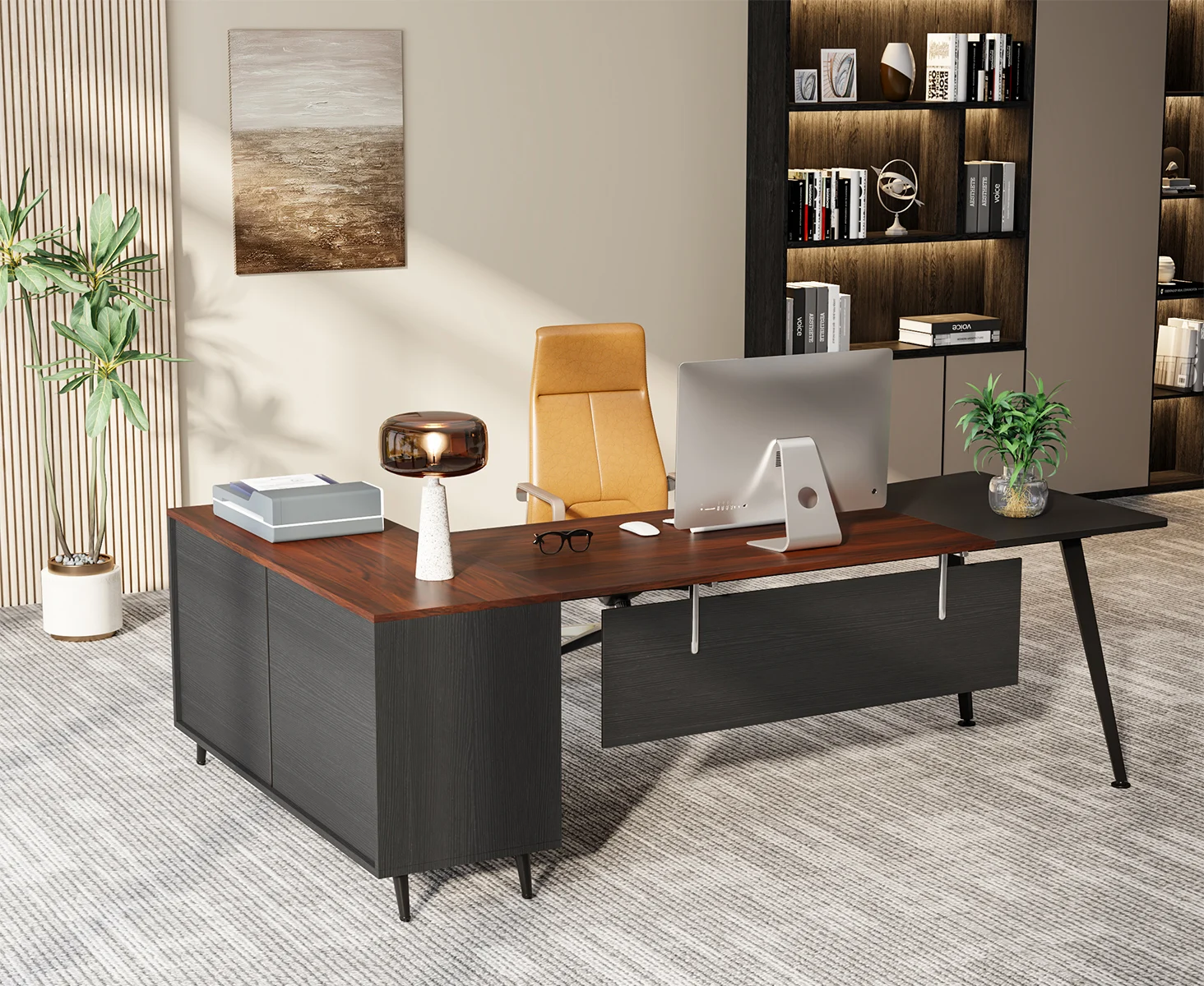 Tribesigns 87” Extra Large Executive Desk with 51” File Cabinet, L-Shaped Office Desk, Business Furniture Set