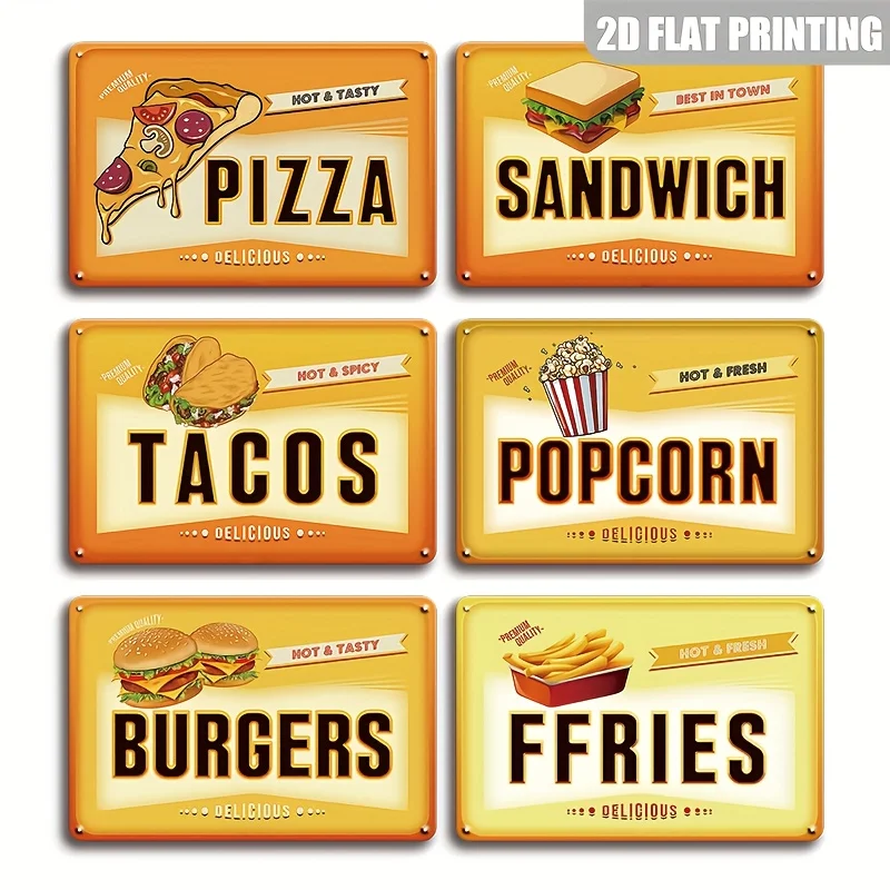 [JIT]6pcs Retro Classic Color Tin Signs- Pizza, Sandwich, Tacos, Popcorn, Burgers, Fries- 8.0x12.0inch Iron Wall Decor for Home