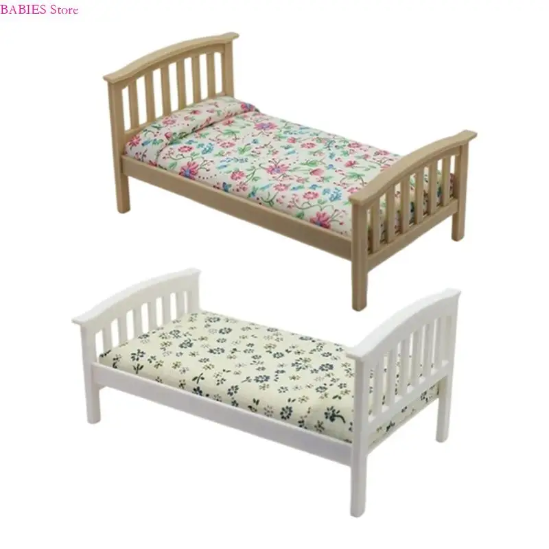 

1/12 Miniature Single Bed with Cottagecore Bedding Wooden Frame Doll House Furniture for Bedroom Scene Display Decoration