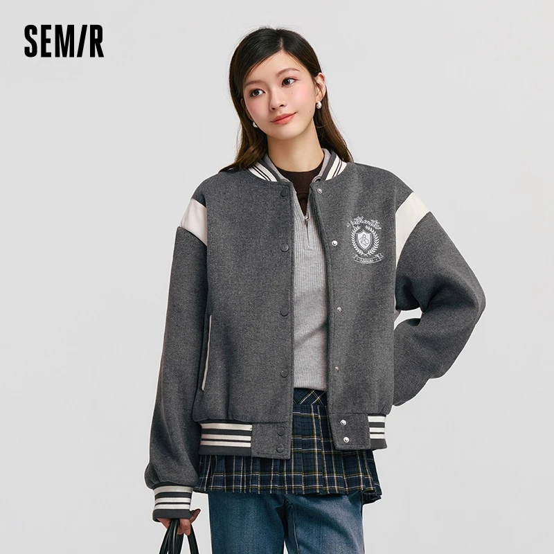 Semir Coat Women Embroidery Patchwork Contrast Color Loose Jacket 2024 New Winter Imitation Woolen Baseball Jacket