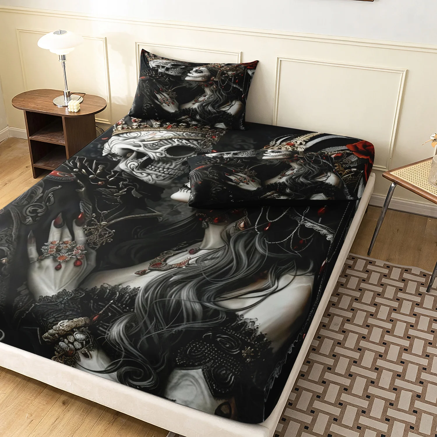 Skull Couple Fitted Sheet 3 Pieces Set, Black Grey Vintage Skeleton King Queen Print  Bedding Sheet, For Home Family Dormitory