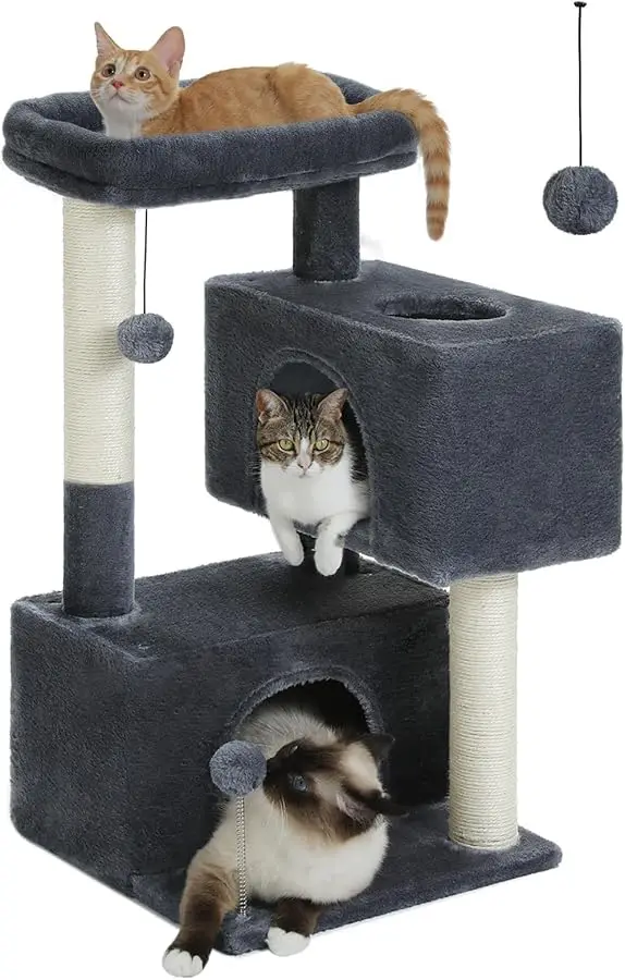 

32" Cat Tree Tower for Indoor Cats - 2 Cozy Condos, Multi-Level Cat Scratching Posts with Sisal, Soft Padded Perch, 2 Dangling T