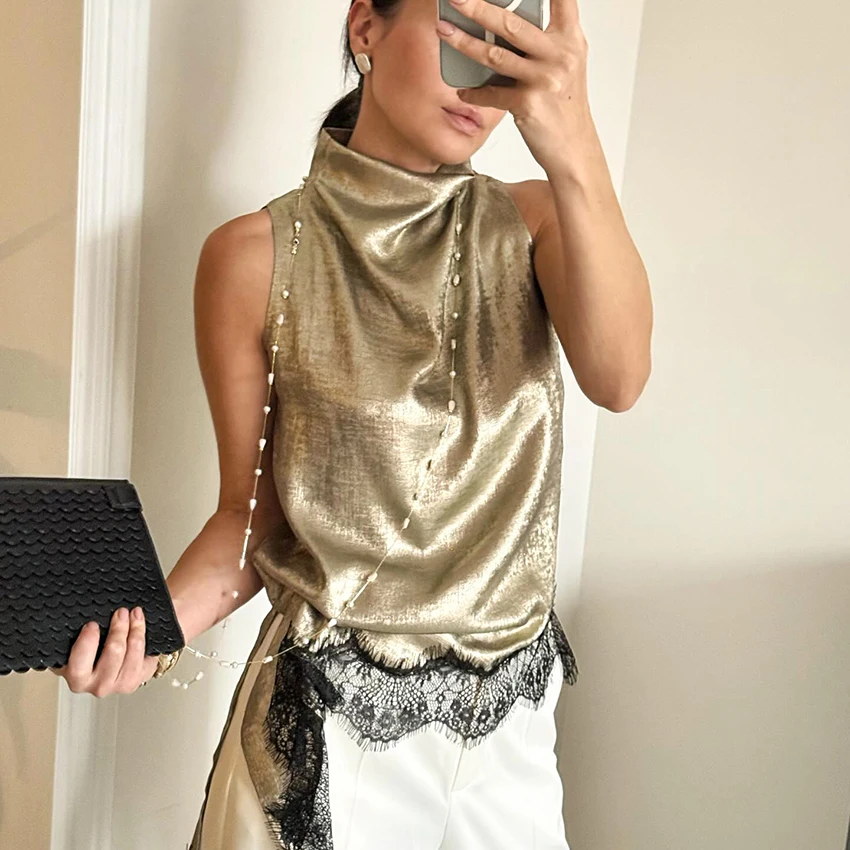 Linad أنيقة الدانتيل غير النظامية الياقة المدورة تانك القمم الشارع شيك الأسود سترة دون أكمام الإناث موضة المرقعة كاميس 2026 الربيع #1