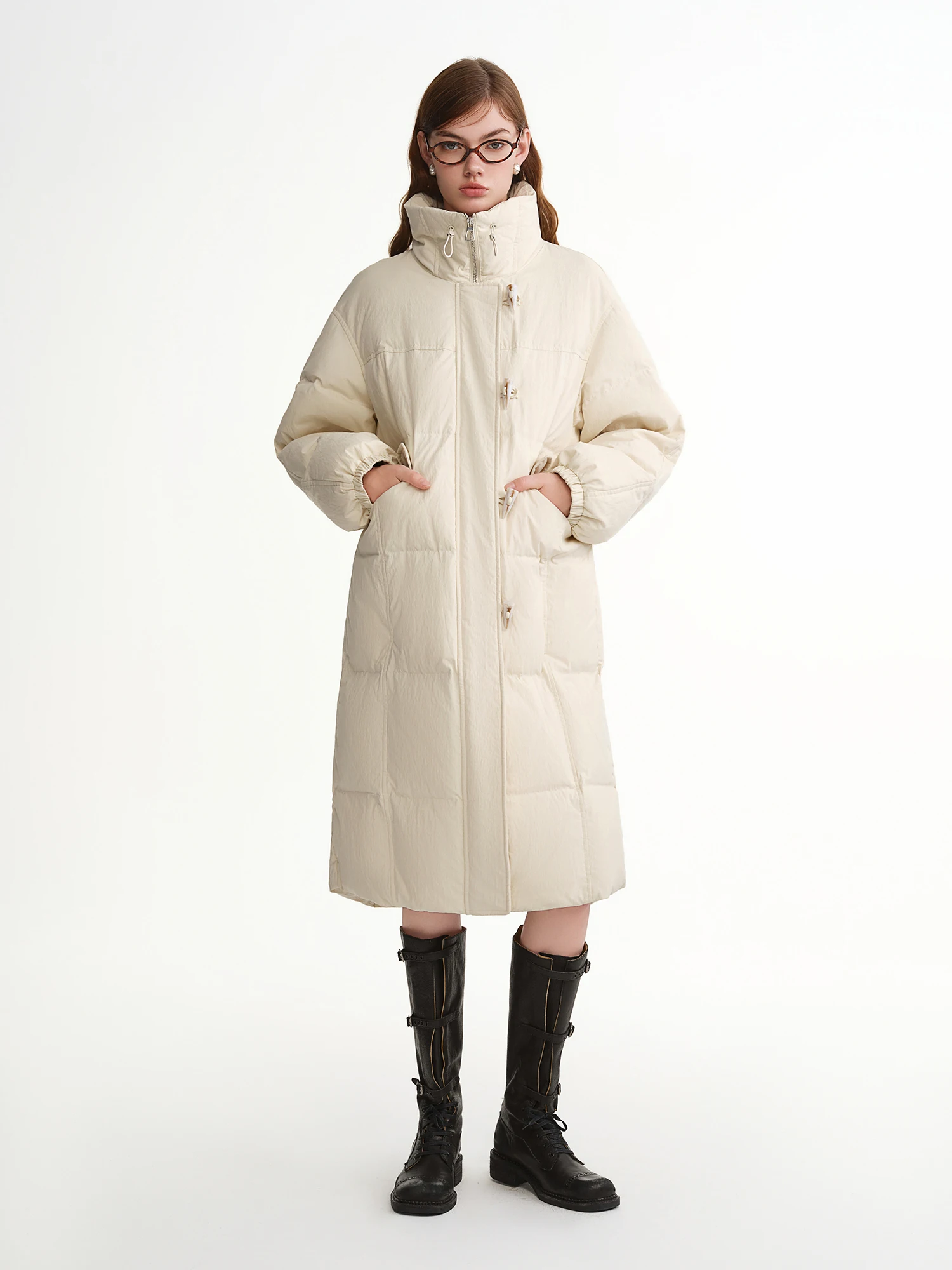 DUSHU الوقوف طوق القرن زر طويل أسفل سترة 2025 الأبيض بطة أسفل سترة بسيطة الصلبة الترفيه معاطف مستقيمة فضفاضة تناسب