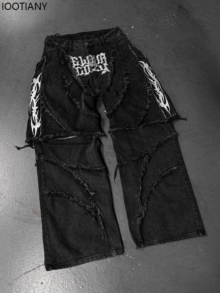 Vintage Zipper Patchwork Jean For Women Grunge Y2k High Street Black Jeans American Retro Punk Street Embroidered Raw Edge Pant