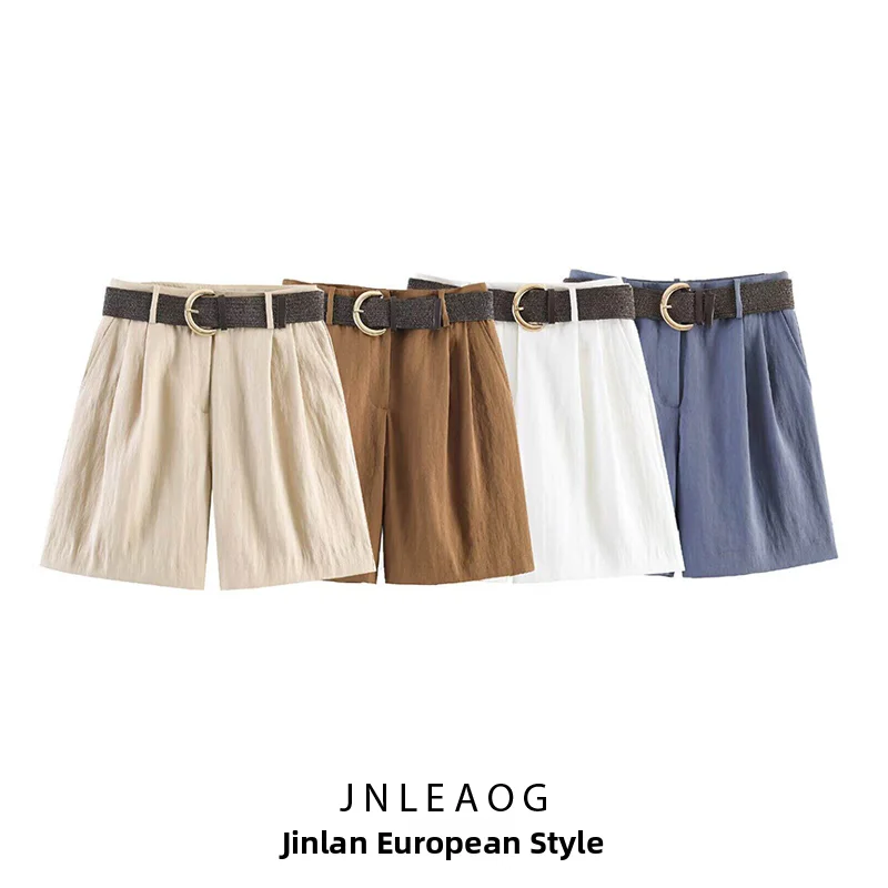 

JNLEAOG Summer New Women's Fashion Belted Pleated Casual Shorts Wide Leg Pants Natural Waist Polyester Polyester Fiber