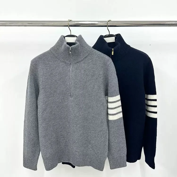 

Trendy High Ne Zipper Wool Sweater Men's Four Stripe Knitted Top Youth Casual Long Sve Daily Wear Chinese Brand