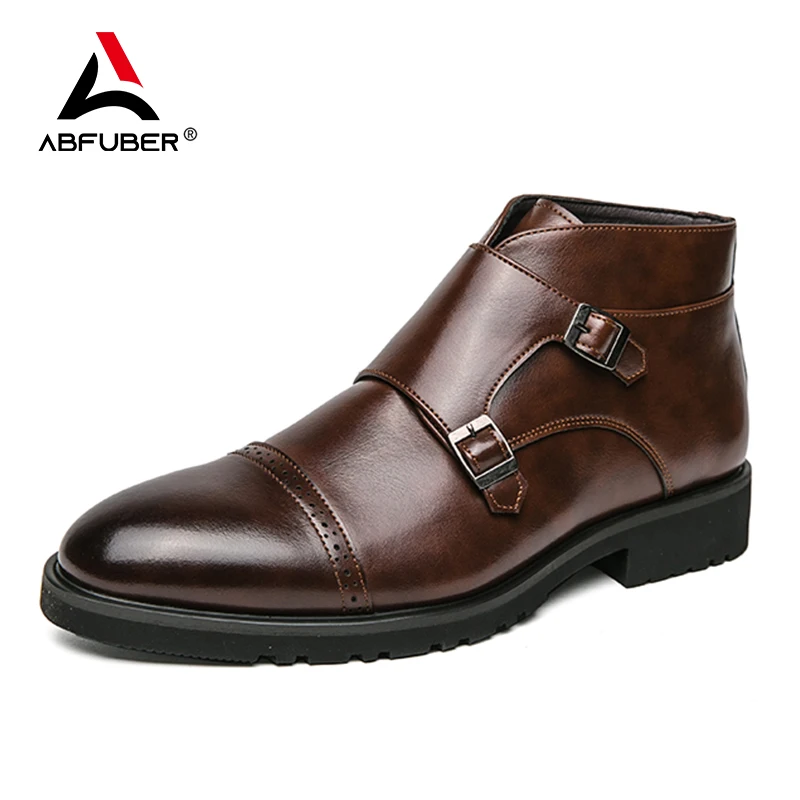 Luxury Leather Men Boots Double Buckle Slip on Pointed Toes Casual Leather Boots Men Comfortable High Top Boots Party Mes Shoes