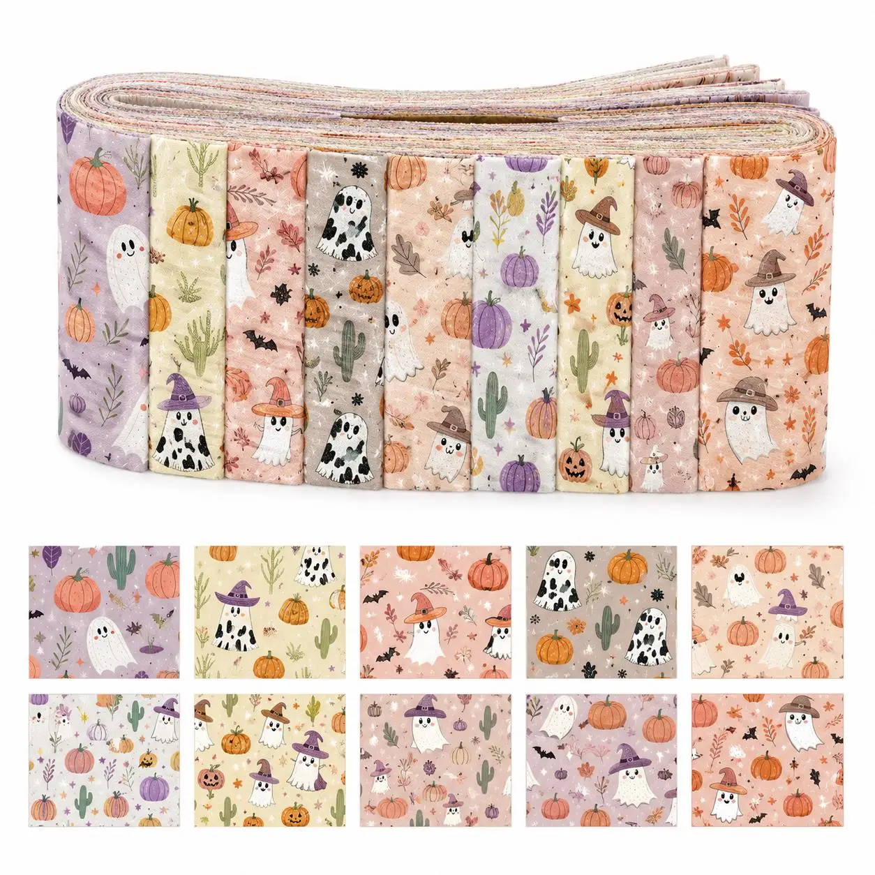 10pcs Vintage Pumpkin Ghost Jelly Roll Fabric Strips 2.5X19.7inch Pre-Cut Polyester For Patchwork Quilts Table Runners Placemats