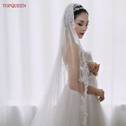 TOPQUEEN V82 velo da sposa perline veli di perle lunghezza cattedrale bordo in pizzo velo da sposa a 1 livello velo lungo avorio bianco di alta qualità