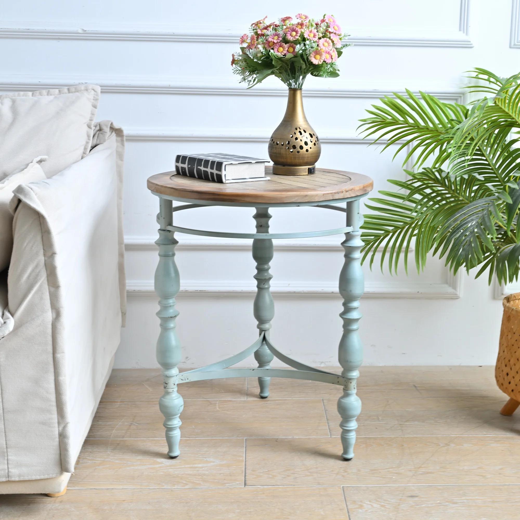 INNOVA Rustic Small Wood Carved Round Coffee Table Antique Shabby Chic Side Corner Table With Detachable Leg