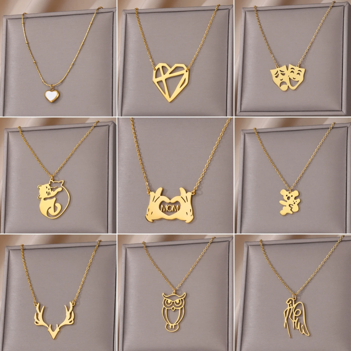 Gold Color Stainless Steel Necklace For Women Simple MoM Heart Chain Cut Animals Necklace Jewlery Best Holiday Gift for Mom New
