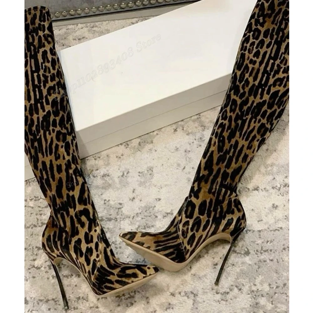 

Leopard Suede Pointed Toe Over the Knee Boots Stiletto High Heel Side Zipper Fashion Sexy Women Shoes 2024 Zapatos Para Mujere