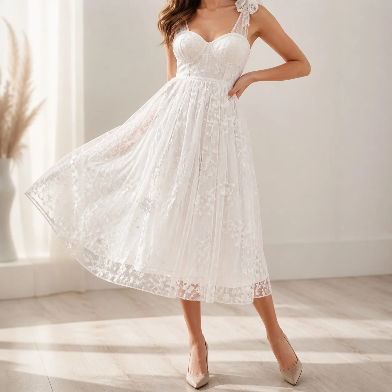 Women's Elegant Summer Wedding Guest Dress A Line V Neck Midi Lace Chiffon Embroidery Sleeveless Party Dress for Wedding 2026