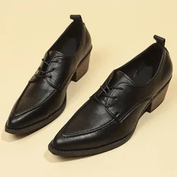 Women's Coarse Heel Shoes Spring New Pointy Front Lacing Splicing Leather Anti-slip Wear-resistant Low-top Shoes
