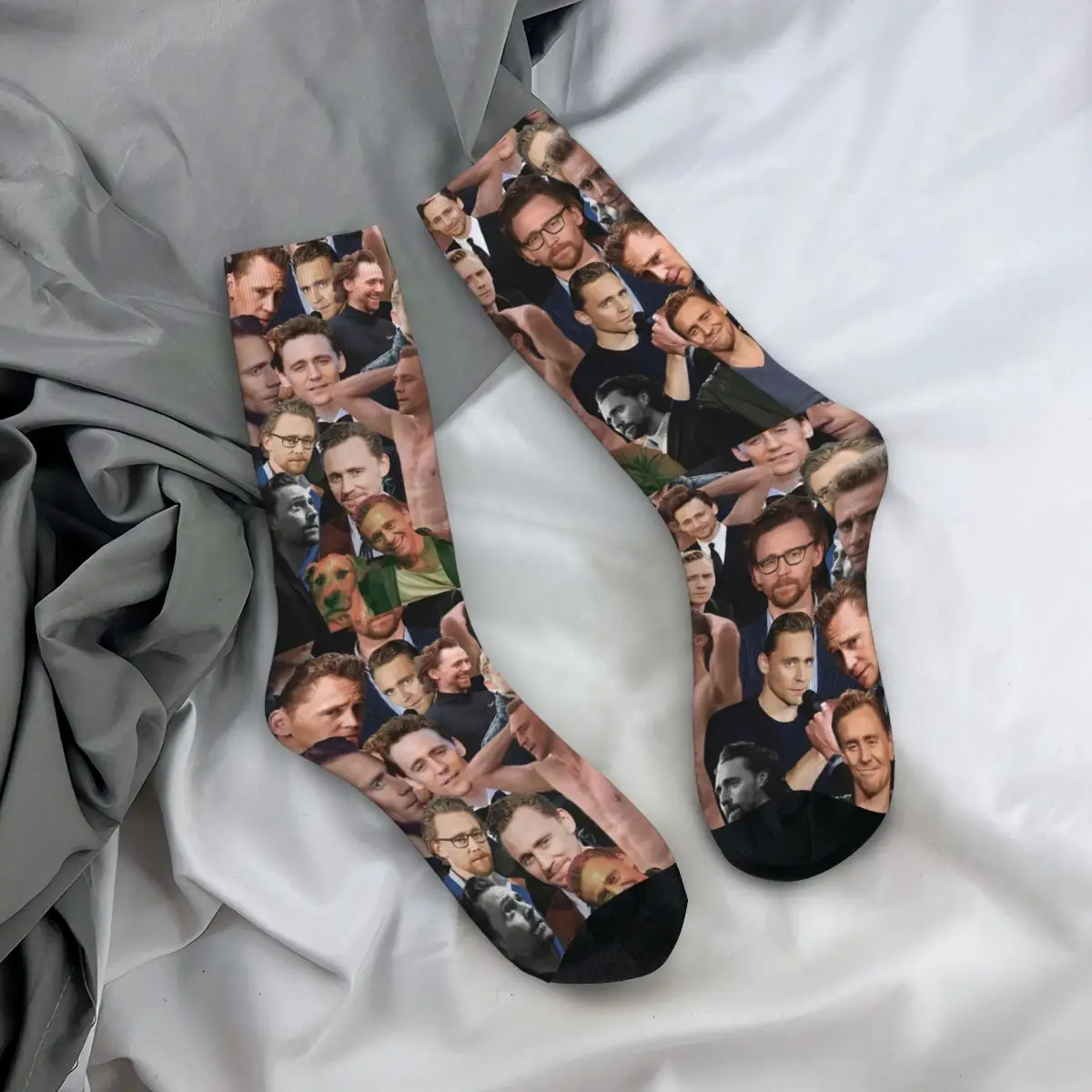 Funny Crazy Sock for Men Tom Hiddleston Photo Collage Hip Hop Harajuku Meme Happy Seamless Pattern Printed Boys Crew Sock